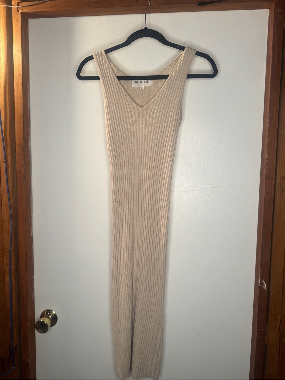 Olive & Oak Ribbed Knit Midi Dress in Beige